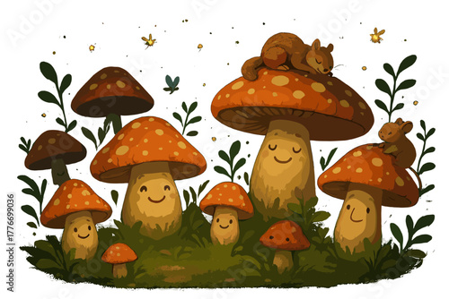Enchanted Mushroom Forest. Enchanted mushroom forest with smiling fungi, playful fireflies, and tiny woodland creatures resting on