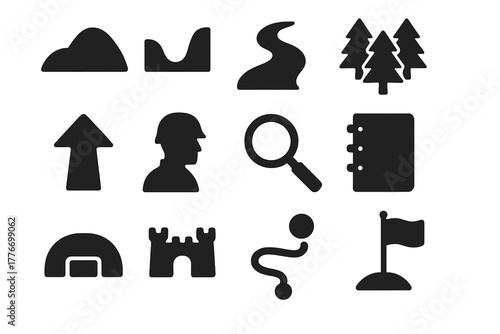 Military Terrain Icons. Solid style icons of military use of terrain: hill, valley, river, forest, arrow, soldier silhouette,