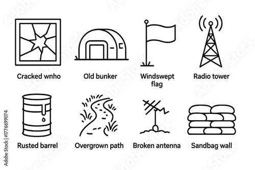 Forgotten Outpost Icons. Line style icons of Forgotten Outpost: Cracked Window, Old Bunker, Windswept Flag, Radio Tower, Rusted