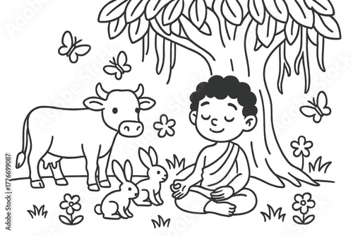 Yogi Under Banyan Tree. Curious yogi meditating under a banyan tree with cows, rabbits, and butterflies nearby, black and white