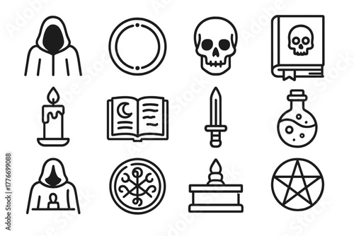 Arcane Ritual Icons. Line style icons of Arcane Ritual: Necromancy, Circle, Skull, Forbidden Tome; Candle, Spellbook, Dagger,