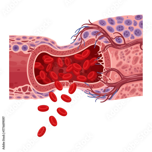 Dynamic cross section reveals vibrant red blood cells flowing through a capillary, illustrating vital circulation and oxygen transport in the human body.