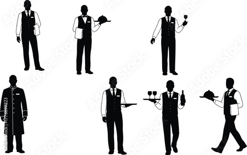 Silhouette vector illustration of hospitality workers, waiters, and service staff holding trays, menus, wine glasses, concierge roles, restaurant service, and industry
