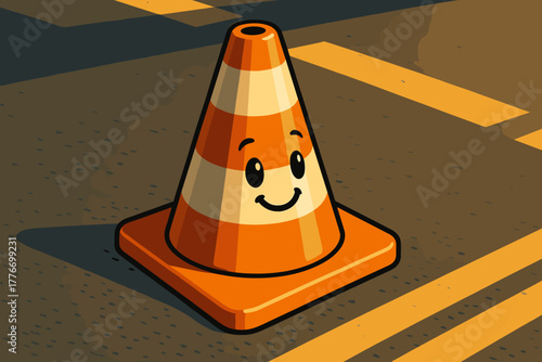 Golden Traffic Cone. Playful cone-shaped traffic marker resting on an asphalt road, illuminated by soft golden light, sharp