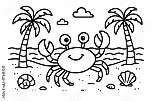 Crab on Beach. Funny crab walking sideways on sandy beach with palm trees, shells, and waves rolling in, black and white line art,