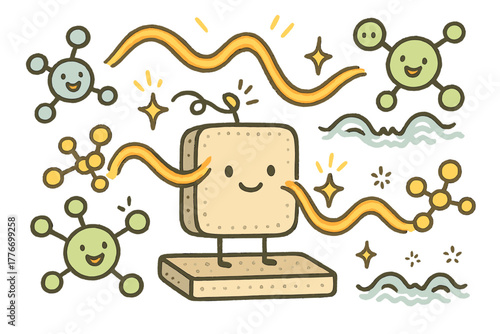 Whimsical Nano-Sensor Doodle. Whimsical doodle nano-sensor prototype with happy components, cartoon light pulses weaving through,