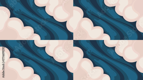 A symmetrical pattern featuring stylized clouds against a textured blue background in a tiled arrangement
