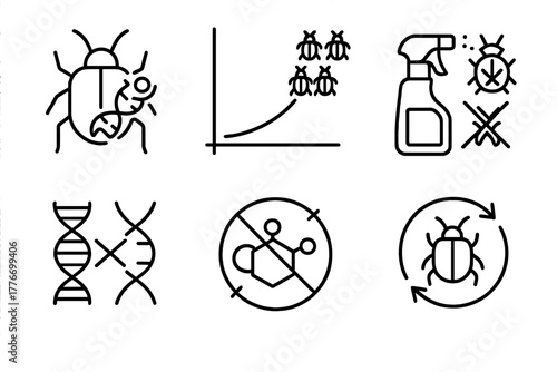 Pesticide Resistance Icons. Line style icons of Pesticide Resistance: mutation symbol on bug, resistant population graph, spray