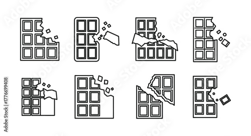 Breaking chocolate bars a set of line icons depicting varying degrees of damage