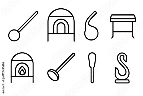 Glassblowing Tools Icons. Line style icons of Glassblowing: Blowpipe, Annealing Oven, Molten Glass, Marver, Furnace, Pontil,