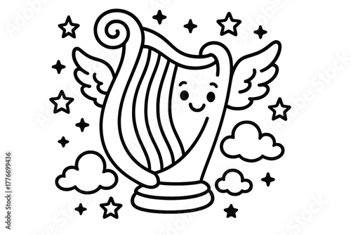 Magical Harp Illustration. Magical harp with flowing strings surrounded by stars, clouds, and angel wings smiling, black and white