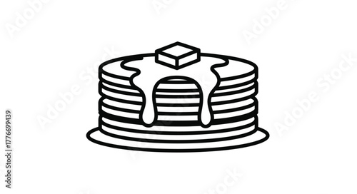A simple black and white illustration of a pancake stack with syrup