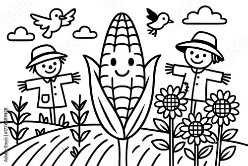 Cornfield Smiles. Smiling corn on the cob standing tall in a field with scarecrows, birds, and sunflowers, black and white line
