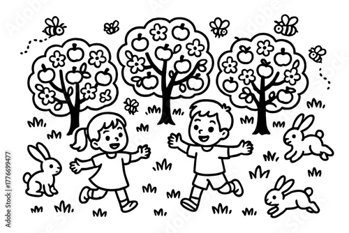 Blossoming Orchard Scene. Peaceful orchard with blossoming apple trees, children playing, bees buzzing, and rabbits hopping, black