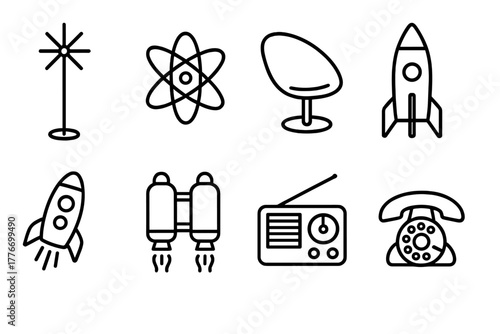 Atomic Age Icons. Line style icons of Atomic Age: Starburst Lamp, Atomic Symbol, Futuristic Chair, Rocket Stove, Neon Rocket,