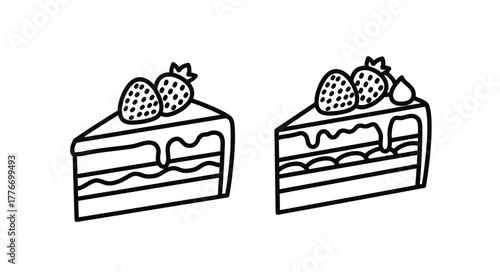 Two slices of chocolate cake decorated with fresh strawberries line art