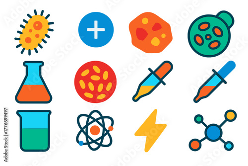 Biohydrometallurgy Icons Set. Flat vector icons of biohydrometallurgy concepts: bacterium, metal ion, ore rock, flask, Petri dish,