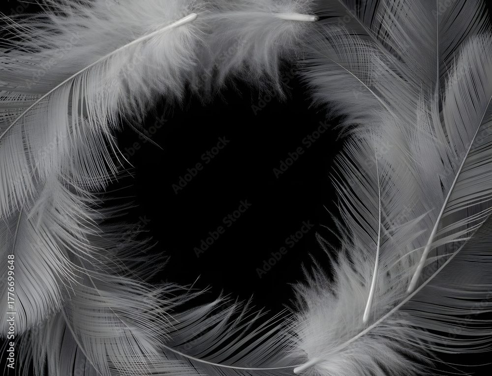 Obraz premium Close up abstract macro shot of delicate white feathers forming a circular pattern against a dark black background