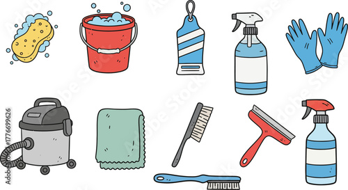 Cleaning Supplies Icons Set – Hand Drawn Hygiene Tools, Household Equipment, Detergent Bottles, Vacuum, Sponge, and Gloves Illustration