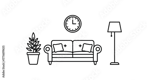 Simple living room illustration featuring sofa plant clock and floor lamp