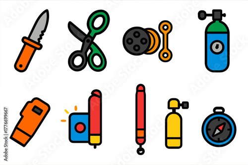 Diver Emergency Tools Icons. Flat vector icons of Diver Emergency Tools: cutting knife, shears, backup reel, safety spool, oxygen