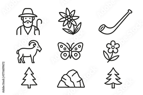 Alpine Meadow Icons. Line style icons of Alpine Meadow: Shepherd, Edelweiss, Alpine Horn, Mountain Goat, Butterfly, Wildflower,