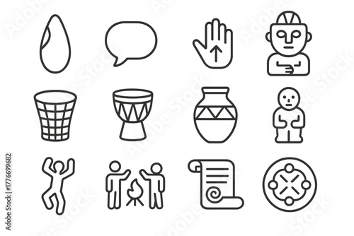 Cultural Line Icons. Line style icons of Cultural Studies: Hand Axe, Speech Symbol, Learned Skill, Tradition Object; Basket, Drum,
