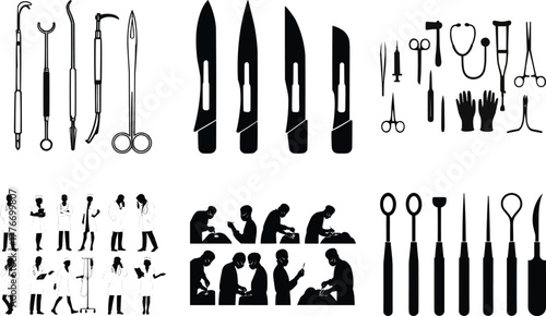 black and white silhouettes of medical set, Medical and Surgical Instruments Silhouette Set – Doctors, Dentists, and Surgery Tools Vector Illustration
