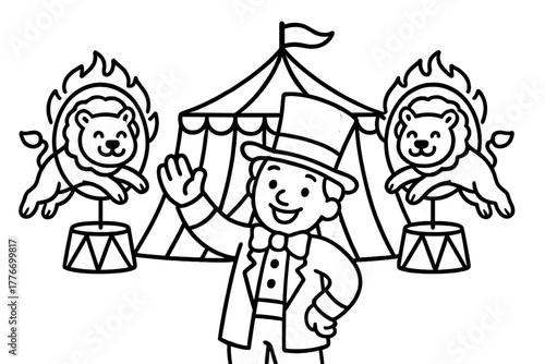 Circus Ringmaster Scene. Cheerful ringmaster waving with a tall hat, circus tent, and lions jumping through hoops behind, black