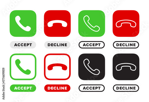 Accept and Decline Phone Call Icons Set with Text Labels