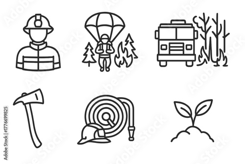 Wildfire Rescue Icons. Line style icons of Wildfire Rescue: Firefighter, Smoke Jumper, Fire Truck, Burned Forest, Axe, Helmet,