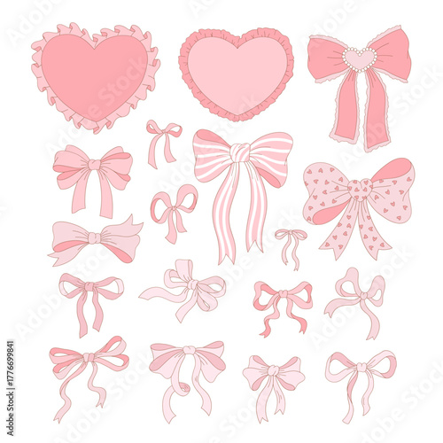 Retro Romantic Coquette Soft Pink Ribbon Bow Clipart Set, Girly Valentine Illustration for Scrapbooking and Stickers