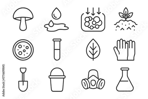 Sustainable Bioremediation Icons. Line style icons of Sustainable Bioremediation: Fungi, Oil Contamination, Toxin Absorption, Soil