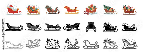 christmas sleigh icon set in color, silhouette and outline , vector illustrations for winter holidays