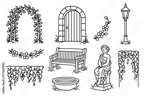 Secret Garden Icons. Line style icons of Secret Garden: Overgrown Arch, Hidden Door, Lantern Post, Flower Garland, Garden Bench,