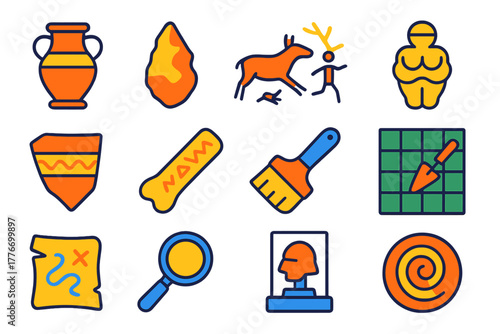 Cognitive Archaeology Icons. Flat vector icons of cognitive archaeology concepts: ancient artifact, stone tool, cave painting,