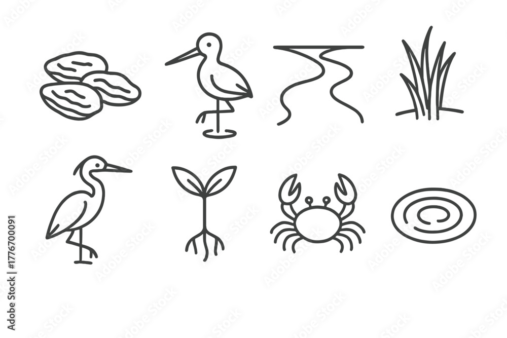 Obraz premium Estuary Line Icons. Line style icons of Estuary: Oyster Bed, Wading Bird, River Mouth, Marsh Grass, Heron, Mangrove Seedling, Crab