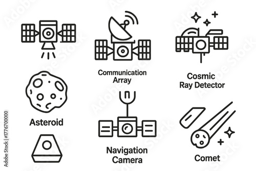 Space Probe Icons. Line style icons of Space Probe: Ion Engine, Communication Array, Cosmic Ray Detector, Asteroid, Magnetometer,