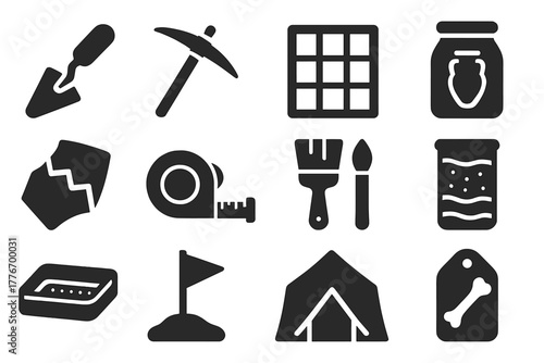 Archaeological Tools Icons. Solid style icons of Archaeological dig: trowel, pickaxe, trench grid, artifact bag, pottery shard,