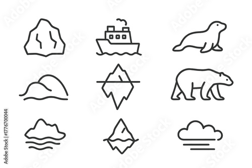 Arctic Icons in Line Style. Line style icons of Arctic Iceberg: Ice Chunk, Ship, Seal, Snow Drift, Tip, Underwater Mass, Polar