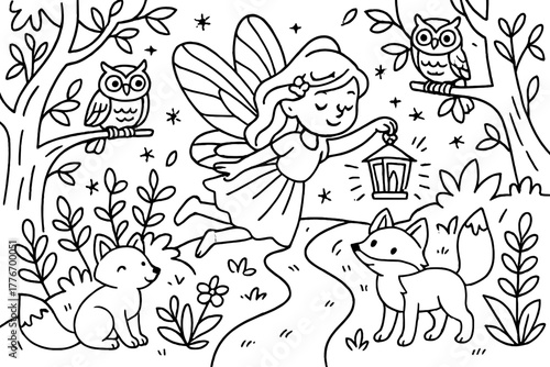 Magical Fairy Forest. Magical fairy flying with a lantern lighting the forest path with owls, foxes, and fireflies, black and