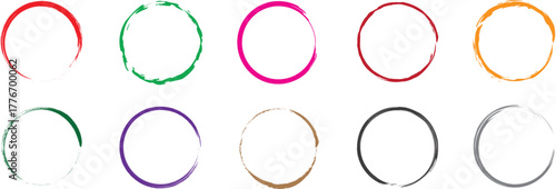 Colorful hand-drawn circle rings set on white background. Artistic round brush stroke collection in multiple vibrant tones. Modern minimalist design for decoration, logo, and abstract projects.