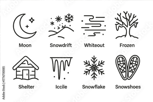Blizzard Night Icons. Line style icons of Blizzard Night: Moonlight, Snowdrift, Whiteout, Frozen Tree, Shelter, Icicle, Snowflake,