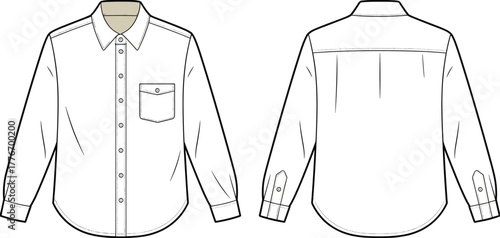 Men’s long sleeve shirt front and back technical fashion flat sketch with pocket and button details, apparel design template