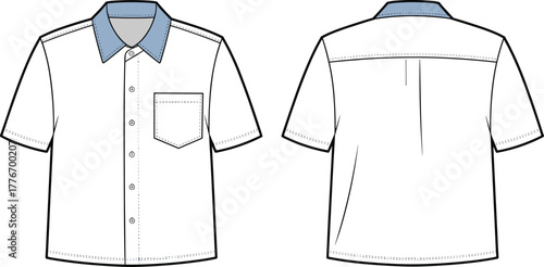 Men’s short sleeve button-up shirt flat sketch with contrast collar, front and back view fashion design