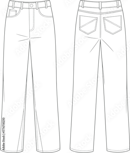 Men’s relaxed fit jeans CAD mockup flat vector illustration, denim trousers fashion sketch, clothing technical drawing