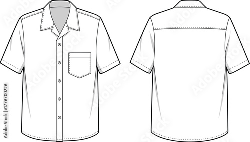 Men’s short sleeve button-up shirt front and back view  with classic collar detailed sewing lines cad drawing flat vector illustration