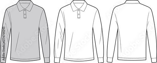 Long sleeve polo shirt flat sketch with collar and button placket, front and back view, cad drawing flat vector illustration