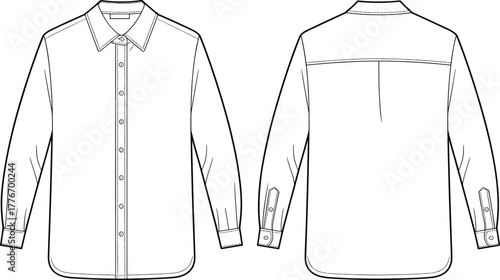 Long sleeve formal button up shirt front and back view flat sketch with collar and cuff details, cad drawing flat vector illustration
