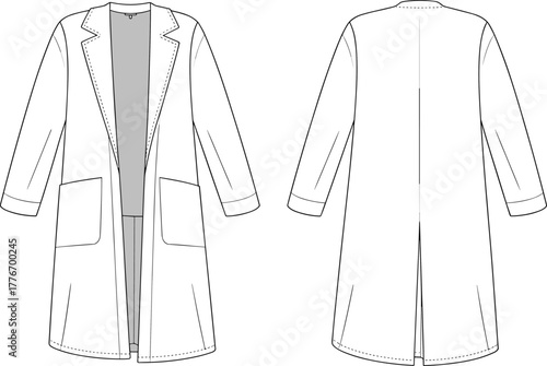 Long sleeve open front women coat technical fashion flat sketch, minimalist overcoat with pockets for clothing design presentation